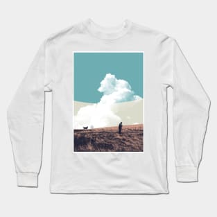 Old Man With Dog In Fields Graphic Poster Long Sleeve T-Shirt